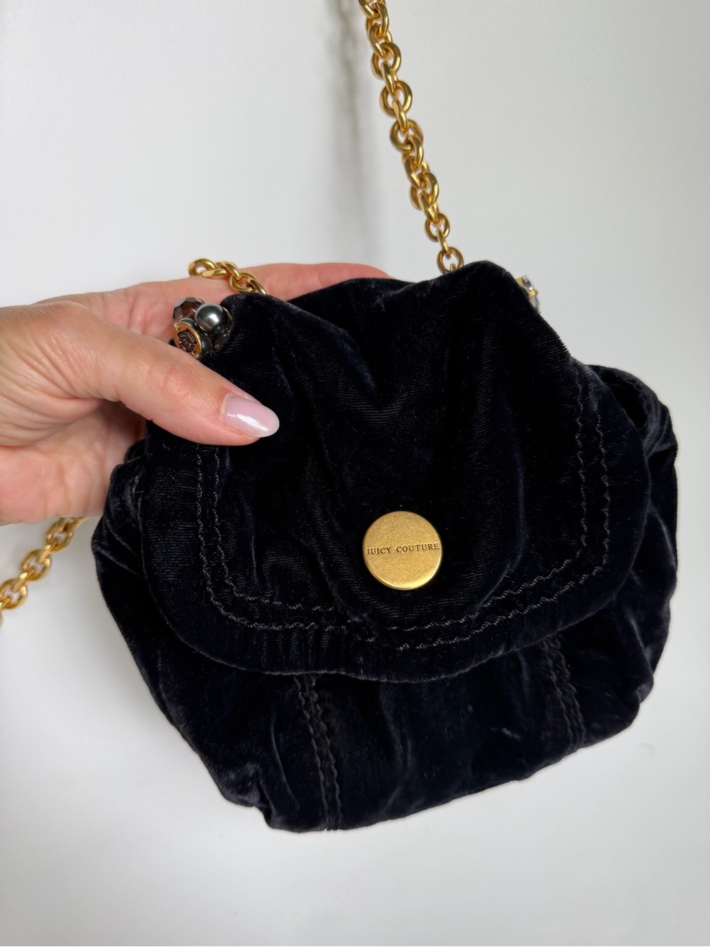 Juicy Couture Black Velvet Mini Shoulder Bag with Gold Chain Rhinestones